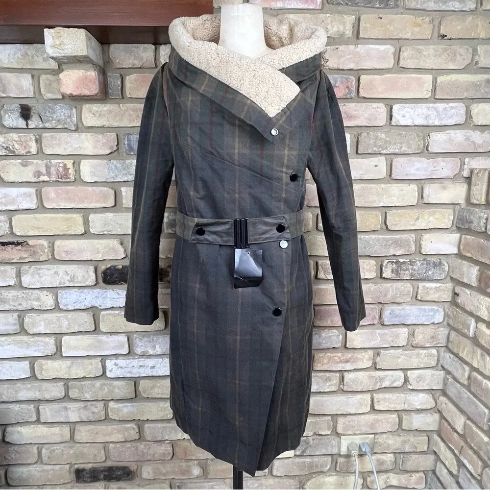 KARL DONOGHUE waxed cotton & leather belted tartan coat with lambskin